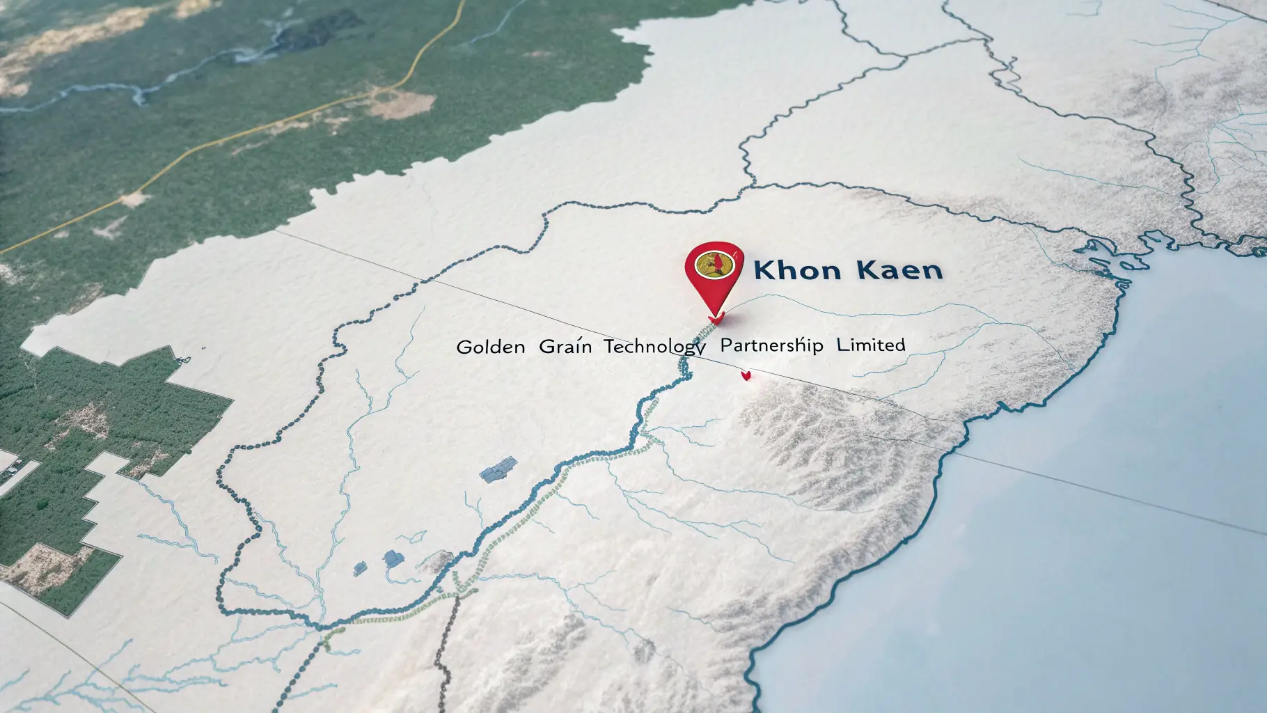 A map showing the location of Golden Grain Technology Partnership Limited in Khon Kaen, Thailand, with a marker indicating the exact address.