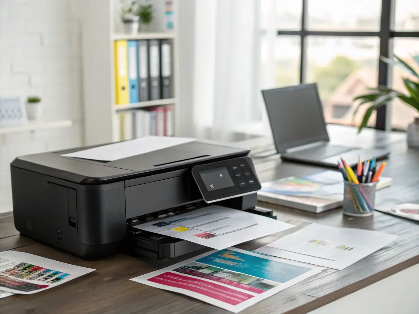 A close-up shot of a document being printed on Golden Grain Technology Partnership Limited's A4 paper, showcasing the crisp text and vibrant colors. The printer is a modern, high-speed model.
